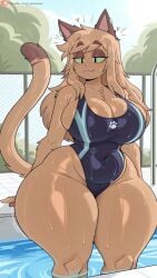 ai_generated anthro anthro_female anthro_focus anthro_only bangs belly_button_visible_through_clothing big_breasts black_eyes black_pupils bottom_heavy bottom_heavy_female brown_fur brown_hair cat_ears cat_girl cat_tail catgirl cleavage cleavage_overflow curvy curvy_female fat_thighs female female_anthro female_focus female_only furry furry_female furry_only genderbend genderswap green_sclera half-closed_eyes half-lidded_eyes half_closed_eyes half_lidded_eyes huge_thighs jinu_(character) large_breasts large_thighs long_hair navel_visible_through_clothes one-piece_swimsuit outdoor_pool outdoors outside pool public_pool rule_63 sideboob slim_waist solo solo_anthro solo_female solo_focus swimsuit tagme thick_thighs wet wet_body wet_fur wide_hips