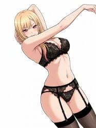 ai_generated arms_up big_breasts black_lingerie blonde_hair bra cleavage earrings garter_belt garter_straps hourglass_figure kitagawa_marin lace-trimmed_bra lace-trimmed_panties lingerie lingerie_only long_hair looking_at_viewer marin_kitagawa midriff my_dress_up_darling panties pink_eyes posing posing_for_the_viewer red_eyes simple_background sono_bisque_doll_wa_koi_wo_suru stockings thighhighs white_background wide_hips younger_female