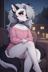 ai_generated anthro bottomless_female canine crossed_legs eyeshadow female grey_hair hair_over_one_eye hellhound helluva_boss loona_(helluva_boss) night pussy red_sclera sitting spiked_collar white_body white_eyes young