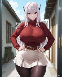 1girl 2d ai_generated anime_style armband cleavage curvy detailed_eyes field grass grippyai hair_bun halter_dress high_quality holding_katana holding_kunai huge_breasts kunoichi looking_at_viewer mountains ninja outdoors purple_dress purple_hair red_eyes serious_expression shiny_skin side_slit sky solo torn_clothes weapon wide_hips