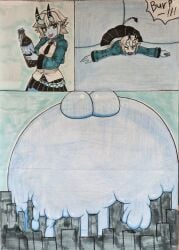 belly_bulge belly_expansion belly_inflation big_belly drawing huge_butt hyper_ass hyper_belly laying_on_belly meat_wall_(body_type) soukaku_(zenless_zone_zero) thegreatday_(artist) traditional_media_(artwork) zenless_zone_zero