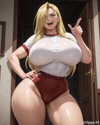 1girl 2d ai_generated anime_style blonde_hair blue_corset blue_eyes cleavage corset_lacing curvy detailed_eyes detailed_face dirndl frills grippyai hand_behind_head high_quality huge_breasts indoors lace long_hair looking_at_viewer red_skirt seductive_smile shiny_skin smile solo standing thick_thighs white_apron white_blouse wide_hips window wooden_room