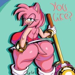 1girls amy_rose anthro ass bottomless bottomless_female bracelet breasts english_text female female_focus female_only furry general_godzilla gloves green_eyes hairband hammer hand_on_hip hedgehog hedgehog_humanoid hips large_ass large_breasts looking_back piko-piko_hammer piko_piko_hammer pink_fur pink_hair sega sideboob skirt sonic_(series) sonic_the_hedgehog_(series) text thick_thighs thighs wide_hips