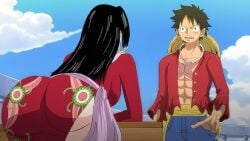 1boy 1girls abs ass_focus big_ass black_hair boa_hancock dress earrings empress fat_ass monkey_d_luffy one_piece scar