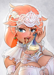 1girls blackingyourwaifu blue_eyes cheating cheating_wife cleavage condom cum cum_in_mouth dress female filled_condom freckles gardnerverse large_breasts liz_gardner looking_at_viewer ntr red_hair ring_in_condom solo used_condom veil wedding_dress wedding_ring