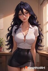 1girls ai_generated black_skirt blouse blue_eyes blue_hair blush blushed button_down_shirt dark_blue_hair dark_hair female female_focus indoors long_hair messy_hair midnight_(my_hero_academia) my_hero_academia office office_lady sarahvividart seductive seductive_eyes seductive_look seductive_smile shiny_skin skirt slim_waist teacher teacher_outfit thick_thighs white_shirt wide_hips