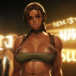 ai_generated brown_hair choker exposed_breasts flashing_breasts lara_croft large_breasts nipples scribesaga sweat sweating tomb_raider tubetop