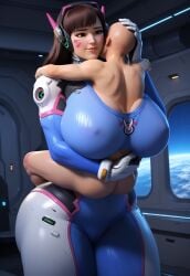 3d 3d_(artwork) age_difference ai_generated bodysuit breasts brown_hair cleavage clothed_female_nude_male d.va facial_markings hana_song headgear hi_res hug indoors large_breasts long_hair nude overwatch size_difference smile taller_female thick_thighs wide_hips