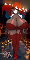 1girls big_ass big_breasts candle elbow_gloves endless_inferno grey_hair halloween heels huge_breasts leaning_forward looking_at_viewer pale-skinned_female red_eyes smiling smiling_at_viewer tagme thick_thighs thighhighs witch witch_hat