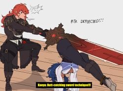 2boys ass ass ass_up attack between_buttocks big_sword blue_hair diluc_(genshin_impact) english_text funny genshin_impact kaeya_(genshin_impact) male male_focus red_hair sword thick_thighs unusual_position yaoi