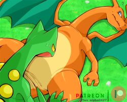 5:4 ? ambiguous_gender animal_genitalia armpits blue_eyes blush bodily_fluids charizard chubby claws digital_media_(artwork) dragon duo flat_chest flora_fauna genital_slit grass green_skin nintendo no_nipples nude orange_skin outdoors patreon plant plus-alpha pokémon_(species) pokemon pokemon_(species) pokemon_rgby pokemon_rse reptile scalie sceptile slit sweat text video_games wings yellow_eyes