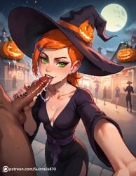 ai_generated artist_request ben_10 blowjob green_eyes gwen_tennyson halloween halloween_costume orange_hair penis petite selfie smile smirk sultralis sultralis870 witch witch_hat