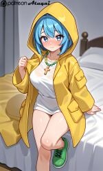 ai_generated atuqai bead_necklace big_breasts blue_eyes blue_hair clothes cute full_face_blush luce_(vatican) safe_for_work yellow_outfit