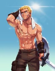 1boy abs after_training after_workout armpits bandaid bandaid_on_face bara blonde_hair blue_eyes brown_pants climb_(overlord) day dirty_face holding holding_sword holding_weapon large_pectorals looking_to_the_side male_focus mondoart muscular muscular_male navel nipples overlord_(maruyama) pants pectorals post_workout seductive seductive_smile sexy_armpits shield shirtless short_hair sky smile solo sun sweat sweatdrop sweating sweaty sweaty_body sword topless topless_male towel weapon wiping_sweat