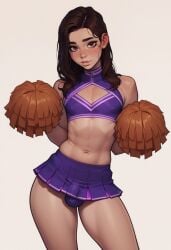 1boy ai_generated brown_eyes brown_hair bulge cheerleader_uniform civitai crossdressing femboy feminine_male long_hair looking_at_viewer male_focus male_only purple_clothing truep81_(artist)