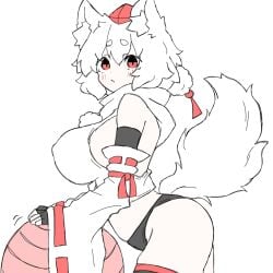 arched_back black_panties blush breast_focus breasts cat_ears fumomono6500 large_breasts momiji_inubashiri panties red_eyes shirt tail thighhighs white_hair white_shirt yoga_ball