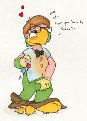 anthro avian beak bird blush blush_lines bottomwear bottomwear_down bow_tie brown_eyes brown_hair button_(fastener) cartoon_gloves clothed clothing crotch_grab dialogue disney english_text eyewear feathers foxx glasses green_body green_eyes green_feathers grope hair heart_symbol human human_to_anthro icaron jose_carioca male mammal mid_transformation null open_mouth pants pants_around_ankles pants_down parrot partially_clothed shirt simple_background smile solo sound_effects species_transformation text textured_background the_three_caballeros toony topwear transformation wearing_glasses