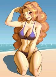 1girl 1girls 2025 5_fingers adagio_dazzle beach beach_background bicolored_hair big_breasts bikini blue_sky boobs breasts covering detailed_background deviantart deviantart_link equestria_girls eyelashes female female_only friendship_is_magic full_body hand_above_head hand_on_head hasbro iojknmiojknm kneeling light-skinned_female light_skin long_hair looking_at_viewer mlp my_little_pony orange_hair purple_bra purple_eyes rainbow_rocks sand slim_waist smile smiling solo solo_female thighs tits voluptuous voluptuous_female wink winking winking_at_viewer yellow-skinned_female yellow_body yellow_skin