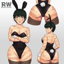 ass ass ass_focus big_ass big_breasts brown_eyes bunny_costume bunny_ears bunny_girl bunny_tail bunnysuit female glasses green_hair jujutsu_kaisen pussy rowan_ivanneth scar scars solo_female thick_ass thick_legs thick_thighs tomboy yellow_eyes zenin_maki