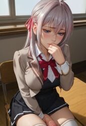 1futa 2d ahoge ai_generated alisa_mikhailovna_kujou big_breasts big_penis blazer blue_eyes blush chair classroom closed_mouth collared_shirt covering_mouth embarrassed erection exposed_penis eyeshadow futanari hair_between_eyes hand_between_legs high-angle_view huge_cock large_breasts large_penis long_hair long_sleeves looking_away looking_down massive_penis nervous out_of_frame penis_out penis_under_skirt pleated_skirt ribbon santopati school_uniform self_upload shy sitting skindentation skirt solo thick_thighs thighhighs tokidoki_bosotto_russian_de_dereru_tonari_no_alya-san uncensored upper_body white_thighhighs wide_hips wooden_floor