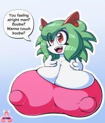 big_breasts big_ears big_head boobs?_wanna_touch_boobs? breasts cleavage emillie_(zanbonsen) female front_heavy_breasts green_hair huge_breasts hyper hyper_breasts hyper_nipples meme neoteny nipple_bulge nipples outline pokemon pokemon_(species) small_but_busty tareme white_outline zanbonsen