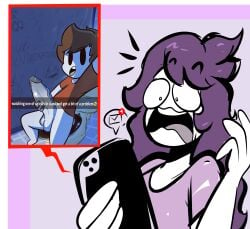 1boy 1girls artist_request big_penis brown_hair cock_shock hand_on_penis jaiden jaiden_animations masturbation penis penis_awe phone scarf_boy shocked shocked_expression small_but_hung text_message uncensored young younger_male youtube youtuber