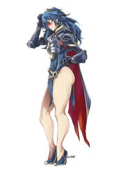 1girls andyface armor armored_dress ass big_ass big_butt blue_hair blue_shoes blush blushing bottomless butt cape closed_eyes clothing covered_pussy embarrassed eyes_closed female female_only fire_emblem fire_emblem_awakening fire_emblem_heroes gloves hair_ornament hand_on_head hand_on_own_head highres long_hair lucina_(brave_princess)_(fire_emblem) lucina_(fire_emblem) lucina_(glorious_archer)_(fire_emblem) nintendo no_panties no_pants partially_clothed sexually_suggestive shoes side_view signature solo standing thick_legs thick_thighs video_game video_games white_background