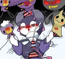 4boys anal anal_sex banette big_penis blush condom cum drifloon horny horny_face indeedee kaaku mimikyu mismagius motion_lines multiple_characters multiple_males pokemon small_penis vibrator