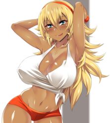 1girls big_breasts blonde_hair blue_eyes breasts cleavage dark-skinned_female dark_skin female female_only gyaru kuro_gyaru large_breasts looking_at_viewer nightmare-doom original original_character solo tongue tongue_out