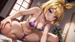 1girls ai_generated belly_button big_ass blonde_hair blue_eyes blush cameltoe hair_ribbon hanging_breasts kagamine_rin leaning_forward looking_at_viewer medium_breasts micro_bikini purple_bikini short_hair skindentation smiling squatting sweat thick_thighs vocaloid