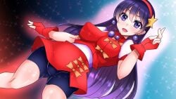 1girls athena_asamiya big_breasts bike_shorts breasts busty clothed earrings female gloves hair_ornament king_of_fighters light-skinned_female light_skin long_hair looking_at_viewer nipple_bulge pale-skinned_female pale_skin purple_eyes purple_hair shorts skirt star thick thick_thighs thighs tied_hair tight_clothing voluptuous voluptuous_female wide_hips