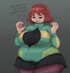 angry_face annoyed bbw big_ass big_belly big_breasts big_thighs bottom_heavy decayingmosu fat_ass fat_belly fat_woman freckles freckles_on_face huge_ass huge_breasts kim_pine large_ass large_breasts large_thighs looking_down red_hair ripped_clothing scott_pilgrim scott_pilgrim_takes_off short_skirt skirt zipper