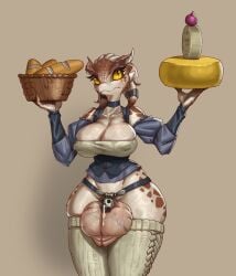 1futa anthro balls bearthing big_breasts bottomless bread breasts chastity_cage cheese cleavage clothed clothing flaccid food futa_only futanari huge_balls huge_hips masturbation mostly_clothed oversized_balls precum scalie solo thick_thighs thighhighs waitress waitress_uniform wide_hips