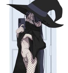 absurdres black_hair clothes_lift cute female female_pubic_hair fishnets glasses halloween_costume hat highres lifting_clothing long_hair original oshii_(suwafro) petite pubic_hair pussy pussy_juice round_eyewear selfie skinny suwafro tiny witch witch_hat