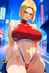 2d ai_generated big_breasts blonde_hair blue_mary city crop_top fatal_fury female female_focus female_only gloves hellblueboy4 king_of_fighters night outdoors panties snk solo solo_female solo_focus tagme