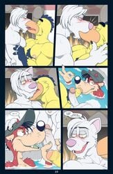 anthro anti_dev avian bird braces brooks_(anti_dev) comic domestic_cat felid feline felis french_kissing hi_res humanoid_penis kissing male male/male mammal mustela mustelid musteline penis skids tragia