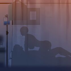 1boy absurdres ah-lyong_lee ass bed breasts cowgirl_position curtains female highres intravenous_drip joker_(persona) large_breasts lying on_back penis persona persona_5 sex short_hair silhouette straddling straight tae_takemi