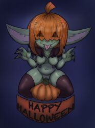 absparrow anthro bluesparrow clothing female food fruit goblin green_body green_skin hair halloween hi_res holidays human humanoid legwear mammal nipple_piercing nipples orange_hair piercing plant pumpkin short_stack solo stockings