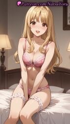 1girls ai_generated anime anime_style arms_between_legs bangs bare_arms bare_shoulders bed between_legs blonde_hair blush bow_bra bow_panties bra breasts bridal_garter brown_eyes bust busty cleavage collarbone death_note feet_out_of_frame female female_focus female_only hand_between_legs hentai indoors lace_trim lamp large_breasts lingerie lipstick long_hair looking_at_viewer medium_breasts misa_amane natsuyoru navel on_bed open_mouth panties parted_lips picture_frame pillow pink_bra pink_panties red_lips sitting smile solo solo_female stomach teeth thigh_strap thighs underwear underwear_only upper_teeth_only v_arms voluptuous voluptuous_female