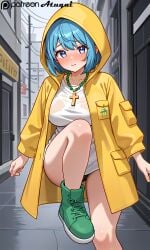 atuqai bead_necklace big big_breasts blue_eyes blue_hair full_face_blush yellow_outfit