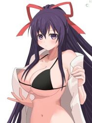 1girls 2d 2d_(artwork) belly_button big_breasts bikini bikini_top blush breasts date_a_live light-skinned_female long_hair purple_eyes purple_hair ribbon solo solo_female towel upper_body yatogami_tohka