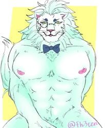 abs blep bow_tie eyewear felid fh3ten fur invalid_tag lion male male_only mammal mane_hair monocle muscular muscular_male nipples nude pantherine pecs pubes snow_(tokyo_afterschool_summoners) solo tokyo_afterschool_summoners tongue tongue_out video_games white_fur