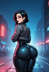 1boy ai_generated ass ass_focus back_view big_ass black_clothing black_hair black_legwear bubble_butt city emo femboy femboyarashi girly goth huge_ass looking_at_viewer night thick_thighs thighs