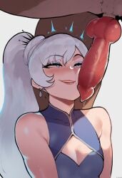 1boy ai_assisted ai_generated blue_eyes canine_penis faunus female heart-shaped_pupils looking_at_penis nervous_smile nude_male penis_awe ponytail rwby self_upload smile sweat upper_body viriai weiss_schnee white_hair