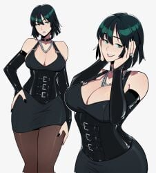 1girl 1girls 2d 2d_(artwork) aneurysm_ax bare_shoulders big_breasts black_corset black_dress black_hair black_nails blunt_bangs breasts choker cleavage corset dress elbow_gloves esper eyebrows_hidden_by_hair female female_only fingernails fubuki_(one-punch_man) gloves green_eyes green_hair hair_between_eyes hand_on_own_hip hand_on_own_thigh hands_on_own_face heroine highres human human_female human_male human_only jewelry large_breasts light-skinned_female light_skin lips looking_at_viewer lower_lip_only multiple_views necklace no_sex not_ai_generated o-ring o-ring_choker one-punch_man pale-skinned_female pale_skin pantyhose plunging_neckline short_hair simple_background skirt solo solo_female standing teeth upper_body white_background