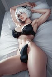 1futa ai_generated alone big_ass big_breasts black_bra black_thong blue_eyes bulgue nier:_automata on_bed white_hair white_skin yorha_2b