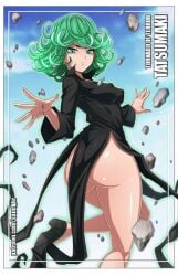 3d ass black_dress black_footwear breasts closed_mouth covered_nipples curly_hair dated dress female floating green_eyes green_hair looking_at_viewer looking_back no_panties nonude sano-br sano_br short_hair small_breasts solo tagme tatsumaki telekinesis thighs