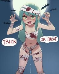 bandages bat bats blood blue_hair blush dialogue dialogue_box fake_blood flat_chest halloween halloween_2024 hilda_(hilda) hilda_(series) hips leaking_cum mangamaster moon mummy mummy_costume netflix night nude oerba_yun_fang partially_clothed partially_nude scary trick_or_treat white_skin