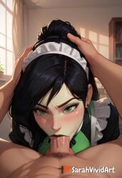 1boy 1girls ai_generated black_hair blowjob blush blushed crying crying_with_eyes_open fellatio female female female_focus grabbing_hair grabbing_head green_eyes green_lips green_outfit hair_grab head_grab kim_possible large_penis long_penis looking_at_viewer looking_up maid maid_costume maid_headdress maid_outfit oral pale-skinned_female pale_skin penis pov sarahvividart seductive shego shiny_skin sucking sucking_penis tears touching_face