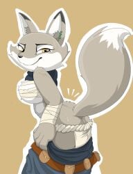 1girl 1girls 2023 2023s 2d 2d_(artwork) 2d_artwork absurd_res absurdres anthro ass ass_cleavage bandage bandage_on_breasts bandaged_arm bodily_fluids breasts butt butt_crack canid canine canis clothed clothing corsac_fox digital_media_(artwork) dreamworks ear_piercing female female_focus female_only fox fur furry furry_female green_ear_piercing grey_body grey_fur hi_res kung_fu_panda kung_fu_panda_(movie) kung_fu_panda_4 mammal musky_ass musky_butt piercing rear_view scarf simple_background solo solo_female solo_focus striptease sweat sweatdrop sweaty_body tail tan_background true_fox under_boob underboob underwear undressing universal_pictures universal_studios yellow_eyes zebra10045 zhen_(kung_fu_panda)